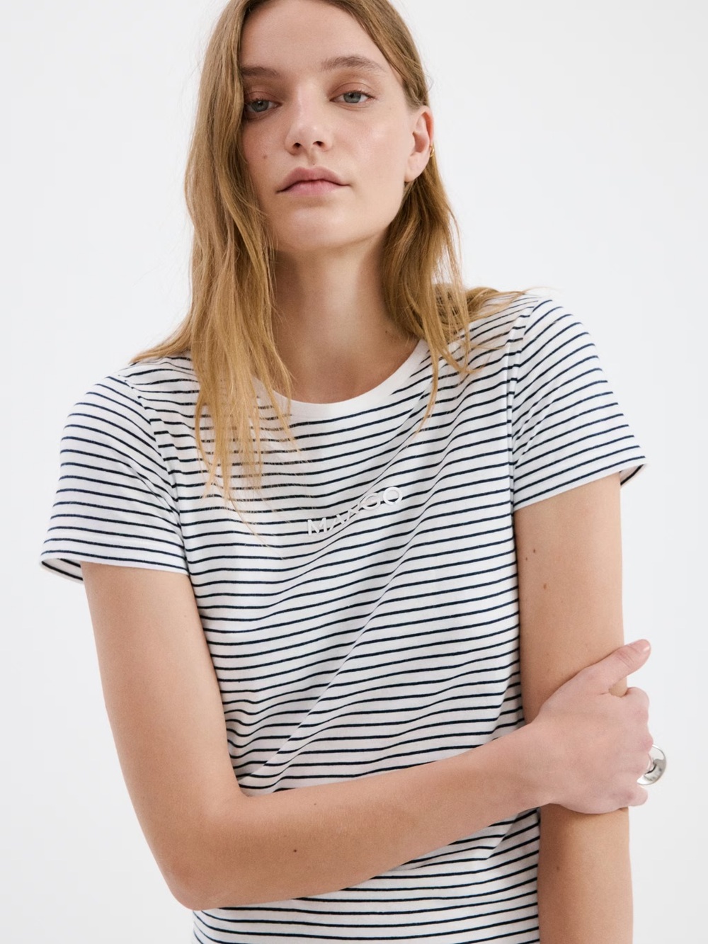 Mango Women Striped Short-Sleeve Tee in Cream and Light Blue - size S